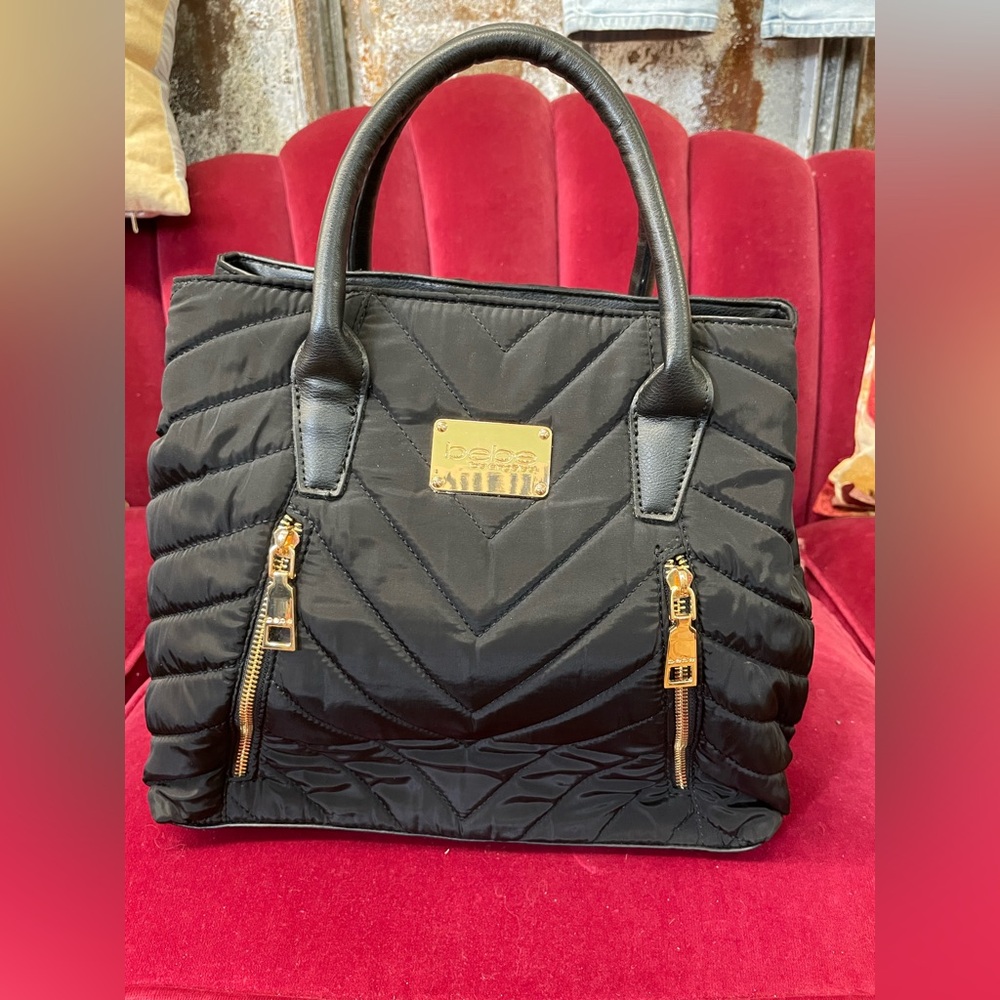 Bebe Black and Gold Quilted Tote Bag